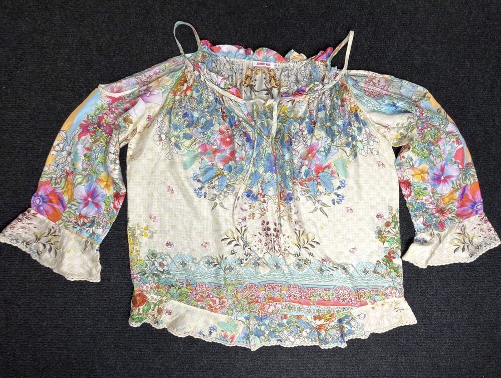 Johnny Was Daria Silk Floral Cold Shoulder Bell Sleeve Boho Lace Blouse/Top S